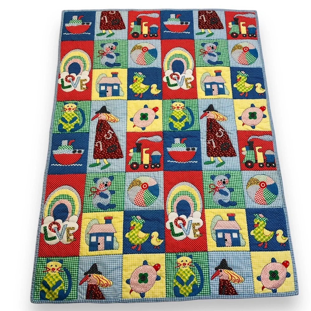VTG Patchwork Nursery Print Children Baby Quilt Blanket Wall Hanging Farmhouse